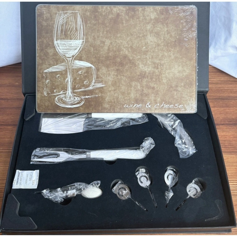 Wine & Cheese Serving Set‎ Glass Cutting Board Knives Tools Gift Set New